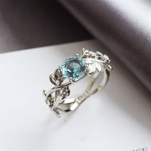 Leaf Leaves Diamond Zircon Ring 925 Silver Sapphire Copper Jewelry