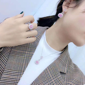 Imitation Citrine Flower Set Luxury High-end Diamond Pink Crystal Necklace Earrings Live Mouth Ring Female
