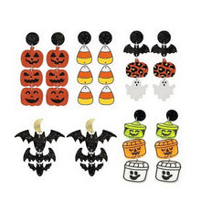 Load image into Gallery viewer, Vintage Halloween Candy Corn happy meal Buckets Leopard pumpkin Ghost Witch Boo Bat Earrings